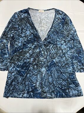 Blue Abstract Twist Front V-Neck Long Sleeve Top